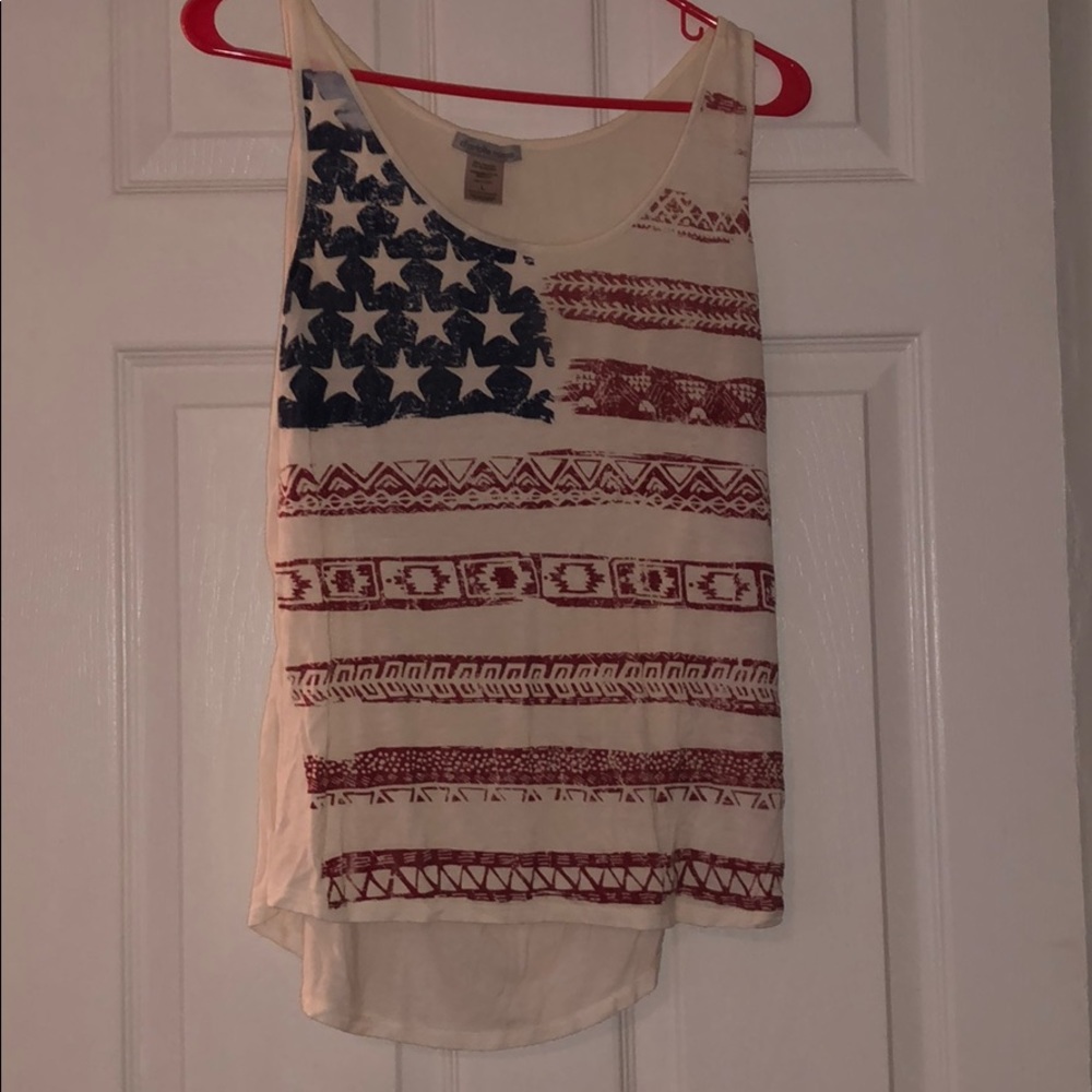 American flag tank top with back cut out.